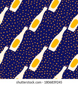 Bright seamless pattern with hand drawn bottles. White and yellow drink elements on navy blue dotted background. Designed for wallpaper, textile, wrapping paper, fabric print. Vector illustration.