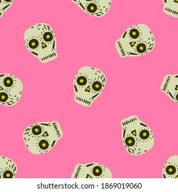 Bright seamless pattern with hand drawn skulls scary print. Pink backgrond. Cartoon horror backdrop. Vector illustration for seasonal textile prints, fabric, banners, backdrops and wallpapers.