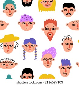 Bright seamless pattern with hand drawn different characters face isolated on white background. Trendy funny cartoon heads. Colorful people avatar. Vector illustration	