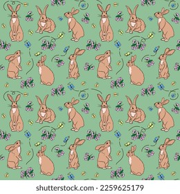Bright seamless pattern with hand drawn easter bunny, cherry blossom and butterflies on green background. Spring, easter background. Perfect for kids textile prints, wrapping.