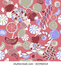 Bright seamless pattern with hand drawn candy elements. Great for greeting cards, templates, wallpaper, candy wrapping, candy shop design.