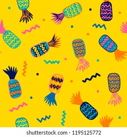 Bright seamless pattern with hand-drawn cartoon pineapples. Colorful seamless texture in doodle style