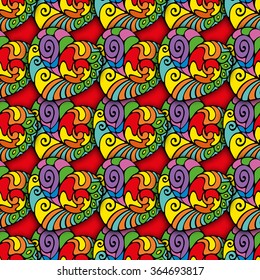 Bright seamless pattern with hand-drawn doodles elements in the form of hearts in the style of zentangle on a red background.