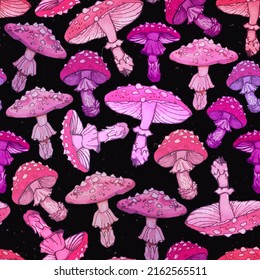 bright seamless pattern of hand-drawn fly agarics