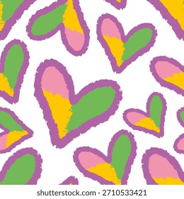 Patrón transparente brillante con corazones grunge dibujados a mano en colores pastel juguetones. Las vibrantes Formas texturizadas crean un diseño divertido y moderno para productos infantiles, textiles, empaques y estampados creativos.
