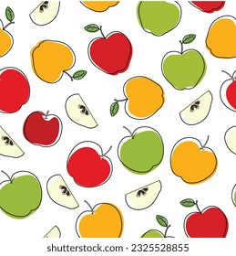 Bright seamless pattern with hand-drawn juicy apples. Vector isolated illustration on white background. 