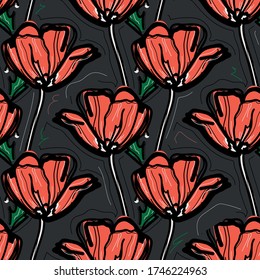 Bright seamless pattern with hand-drawn poppies pattern. Stylish minimalistic colorful print for fabric, wallpaper, bedding, greeting card or wrapping paper. Background or textile. EPS 10 vector
