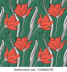 Bright seamless pattern with hand-drawn tulips pattern. Stylish minimalistic colorful print for fabric, wallpaper, bedding, greeting card or wrapping paper. Background or textile. EPS 10 vector