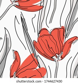Patrón luminoso y transparente con un patrón de tulipanes dibujado a mano. Diseño minimalista de colores para tela, papel pintado, ropa de cama, tarjeta de felicitación o papel de envoltura. Fondo o textil. Vector EPS 10
