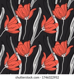 Bright seamless pattern with hand-drawn tulips pattern. Stylish minimalistic colorful print for fabric, wallpaper, bedding, greeting card or wrapping paper. Background or textile. EPS 10 vector
