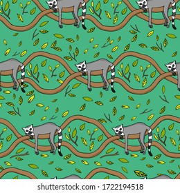 Bright seamless pattern with happy sleeping funny lemur on tree. Endless texture with animal character on green jungle forest background. Hand drawn vector  illustration.