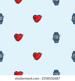 Bright seamless pattern with heart rate and fitness bracelet. Vector editable background for sport, fitness, gym and healthy lifestyle. Hand drawn design for decoration, wrapping paper, print