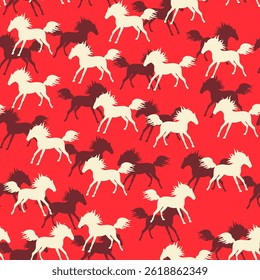 Bright seamless pattern with herds of white and brown horses. Animal silhouettes on a red background. Minimalist print for fabric.