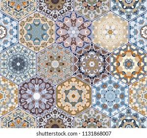 Bright seamless pattern of hexagonal tiles with vintage ornament. Colorful vector set of elements for design of wallpaper, fabric or wrapping paper.