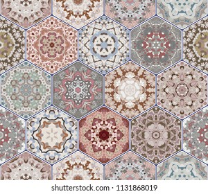 Bright seamless pattern of hexagonal tiles with vintage ornament. Colorful vector set of elements for design of wallpaper, fabric or wrapping paper.