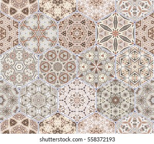 Bright seamless pattern of hexagonal tiles with vintage ornament. Colorful vector set of elements for design of wallpaper, fabric or wrapping paper.