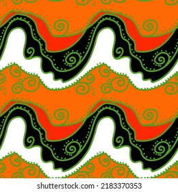 Bright seamless pattern with horizontal curves and waves in orange, black and green colors