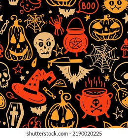 Bright seamless pattern of horror Halloween hand drawn doodle elements. Halloween background of magic elements. Pumpkins, ghost, skull, black cat, pot, hat.