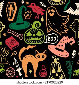 Bright seamless pattern of horror Halloween hand drawn doodle elements. Halloween background of magic elements. Pumpkins, ghost, skull, black cat, pot, hat.