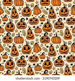 Bright seamless pattern of horror Halloween hand drawn doodle elements. Cute cartoon orange Halloween pumpkin on light background. Holiday background of magic elements.