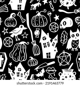 Bright seamless pattern of horror Halloween hand drawn doodle elements. Halloween background of magic elements. Pumpkins, ghost, skull, black cat, pot, hat.