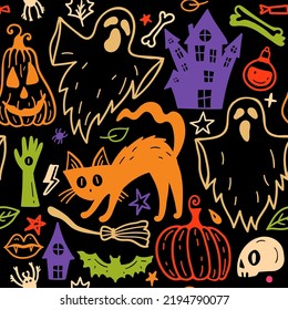 Bright seamless pattern of horror Halloween hand drawn doodle elements. Halloween background of magic elements. Pumpkins, ghost, skull, black cat, pot, hat.