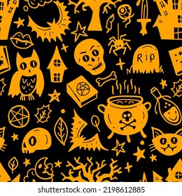 Bright seamless pattern of horror Halloween hand drawn doodle elements. Halloween background of magic elements. Pumpkins, ghost, skull, black cat, pot, hat.