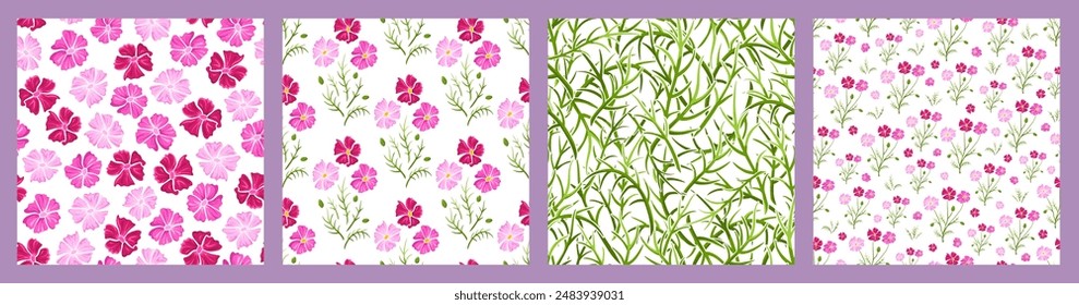 Bright seamless pattern with hot pink cosmea, green leaves and grass on white. A field or meadow of cosmos flowers. Floral hand drawn vector print for interior textile, baby clothes, cute wallpaper.