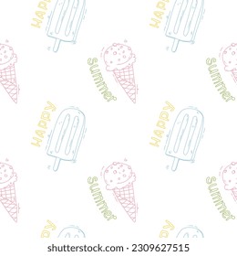 bright seamless pattern with ice cream. Cute vector background, line art