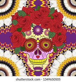 bright seamless pattern with the image of decorated skull in Calavera style, Mexican holiday day of the dead and the day of Angels, in this figure the symbol of the zodiac sign Virgo is disguised