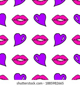 Bright seamless pattern with the image of hearts and lips on a white background.