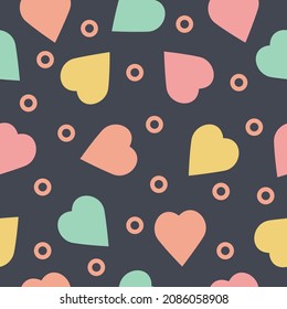 Bright seamless pattern with the image of hearts of different colors in a flat style on a dark background. Pattern for Valentine s Day. Valentine Day. Illustration for print and gift wrapping