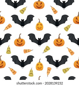 A bright seamless pattern with the image of jack-o - lanterns and black bats. A pattern with Halloween symbols. Pattern for a print with pumpkins. Vector illustration