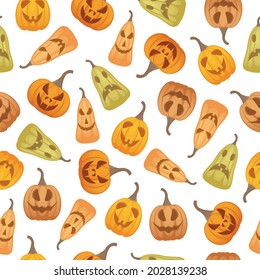 Bright seamless pattern with the image of jack-o ' - lanterns. A pattern with Halloween symbols. Pattern for a print with pumpkins. Vector illustration