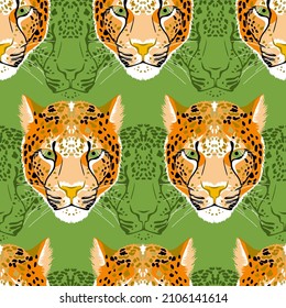 Bright seamless pattern with the image of a leopard's muzzle. 