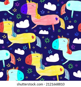 Bright seamless pattern with the image of magical unicorns. The drawing is made in a children's style. Design for textiles and wallpaper.
