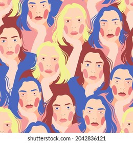bright seamless pattern with the image of many female faces. Design for decorating textiles and wallpaper.