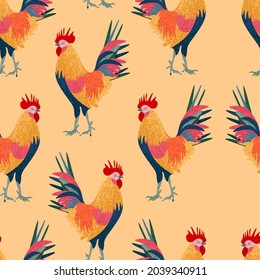 bright seamless pattern with the image of a multicolored rooster.