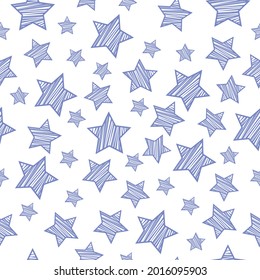 Un patrón luminoso y sin fisuras con la imagen de estrellas azules sombreadas, grandes y pequeños tamaños. Impresión infantil para imprimir. Ilustración vectorial en fondo blanco
