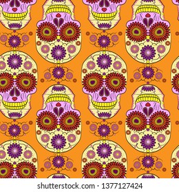 bright seamless pattern with the image of a skull, the symbol of the traditional Mexican holiday day of the dead and Day of angels