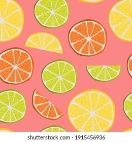 Bright seamless pattern with image of a slice of lemon, lime and orange. For the decoration of textiles or Wallpaper.