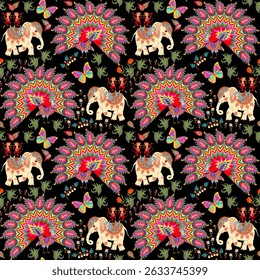 Bright seamless pattern with Indian elephants, dancing monkeys and peacocks on a black background. Design elements. Ethnic print for fabric.