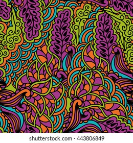 Bright seamless pattern in Indian style. Decorative colorful background. Dudling graphics. Vector illustration.