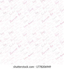 bright seamless pattern. inscriptions of delicious culinary masterpieces. Doodle sketch vector.