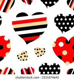 Bright seamless pattern with isolated striped and polka dot hearts on white background. For home design, fabric print, wallpaper, wrapping-paper, cover. Vector illustration.