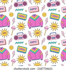 Bright seamless pattern with items from the nineties - retro cassette tape, sports jacket, tape recorder, cool stars, lightnings, smile, lollipops on checkered background. Nostalgia for the 1990s