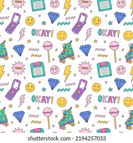 Bright seamless pattern with items from the nineties - floppy disk, quad roller skates, retro flip phone,  lightnings, smile, diamonds, lollipop, stars on checkered background. Nostalgia for the 1990s