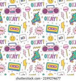 Bright seamless pattern with items from the nineties - quad roller skates, retro cassette tape and music boombox, lightnings, smile, lollipop, stars on checkered background. Nostalgia for the 1990