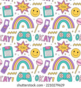 Bright seamless pattern with items from the nineties - retro flip phone, joystick, floppy disk, smile, chupa chups, stars and rainbows on checkered background. Nostalgia for the 1990s. Funny print.