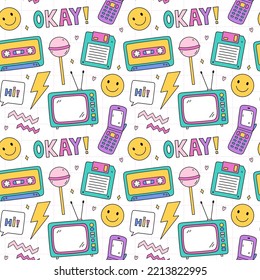 Bright seamless pattern with items from the nineties - retro flip phone, floppy disk, tv, smile, chupa chups and lightnings on checkered background. Nostalgia for the 1990s. Funny print.